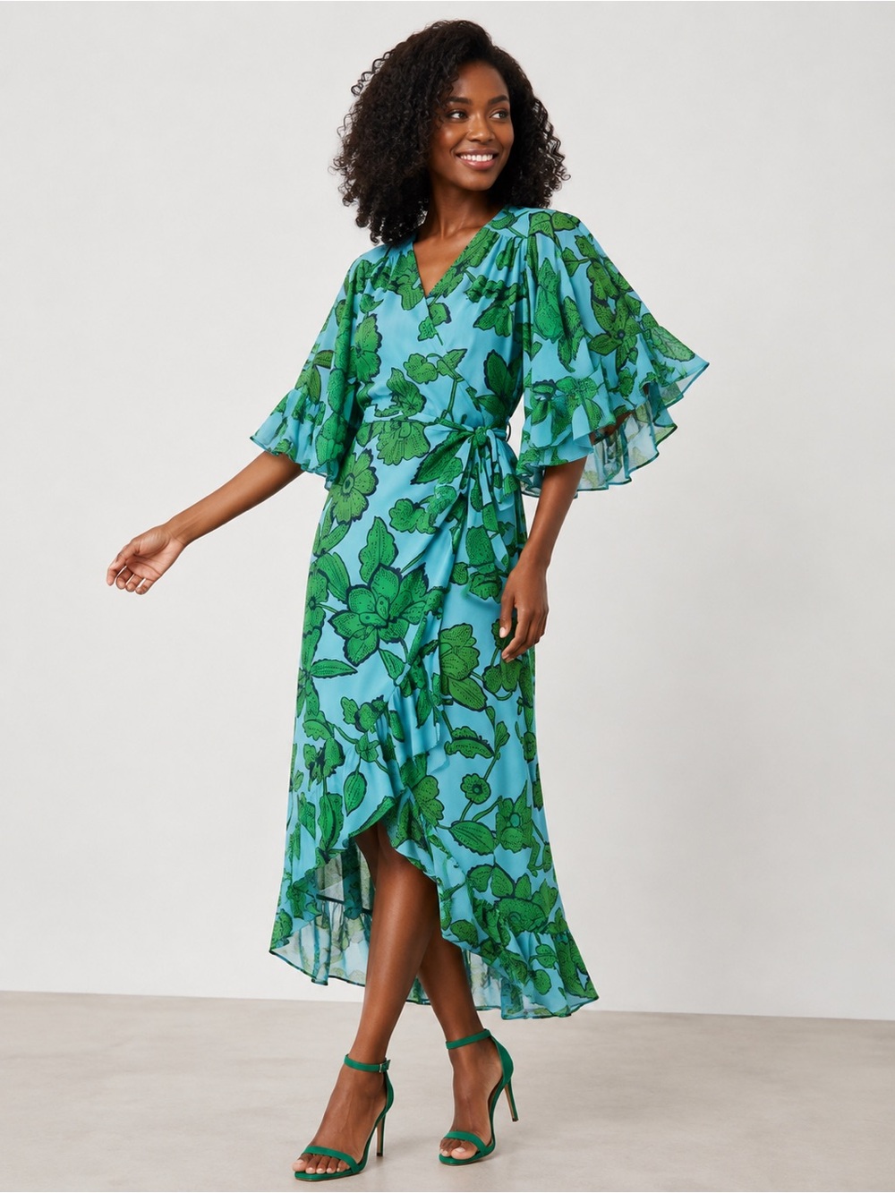 Cabi Green & Blue Print Derby Lg Wrap Dress With Slip Dress Lg